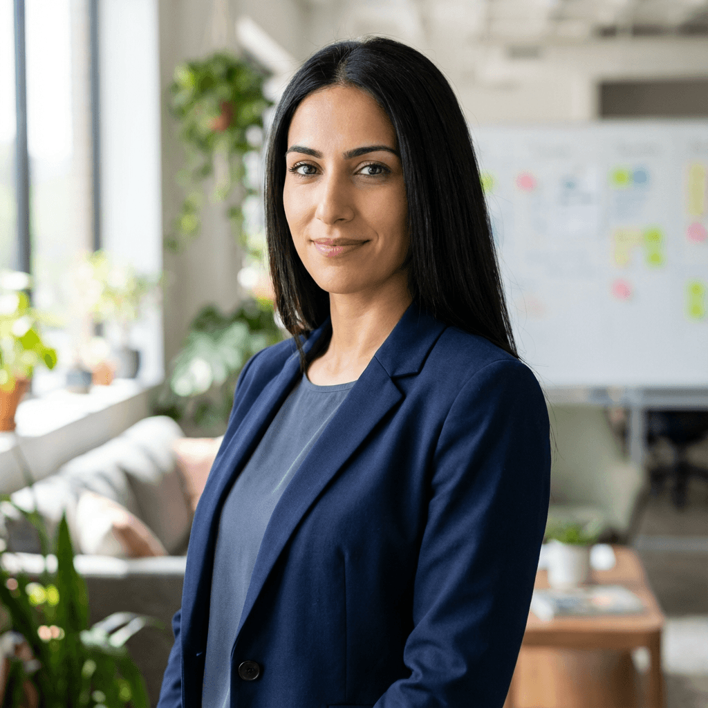 Aisha Khan, a professional, in a modern office environment