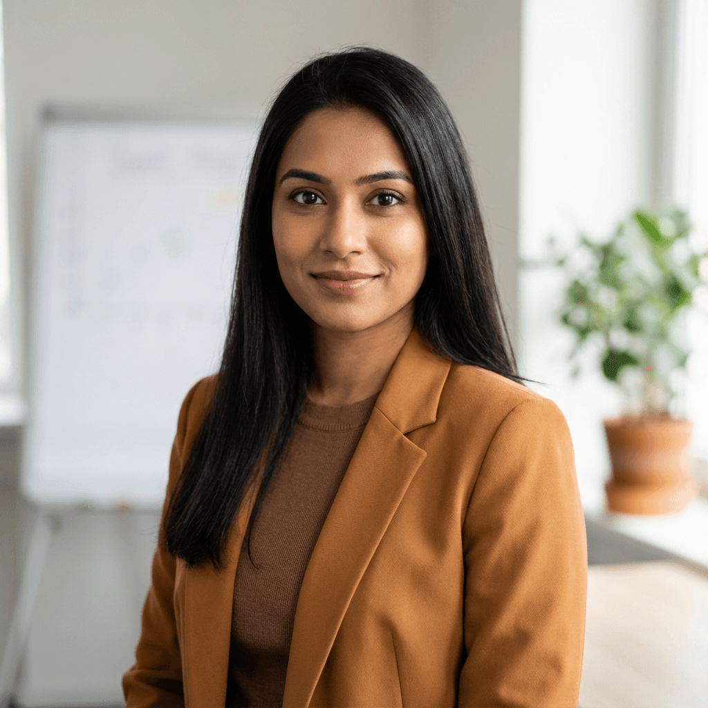 Priya Nair, a marketing manager, in a bright office setting