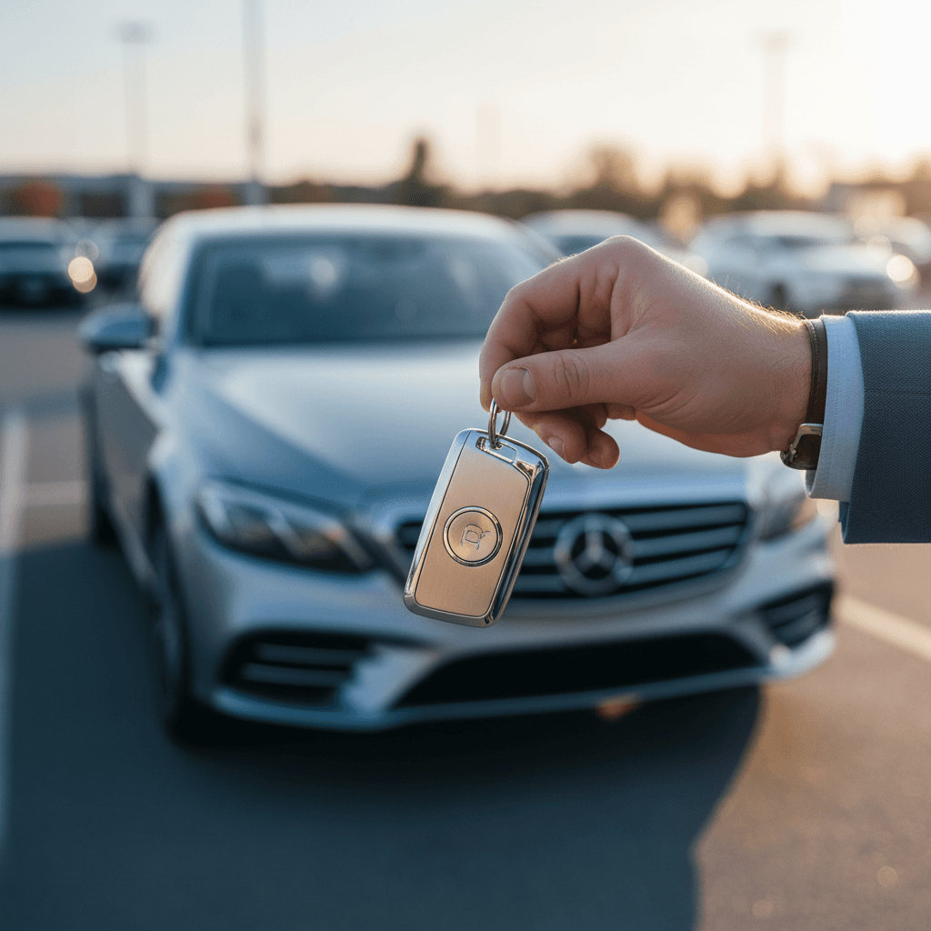 Professional concierge handing car keys and a folder to a smiling client in a bright café, city street softly blurred in the background
