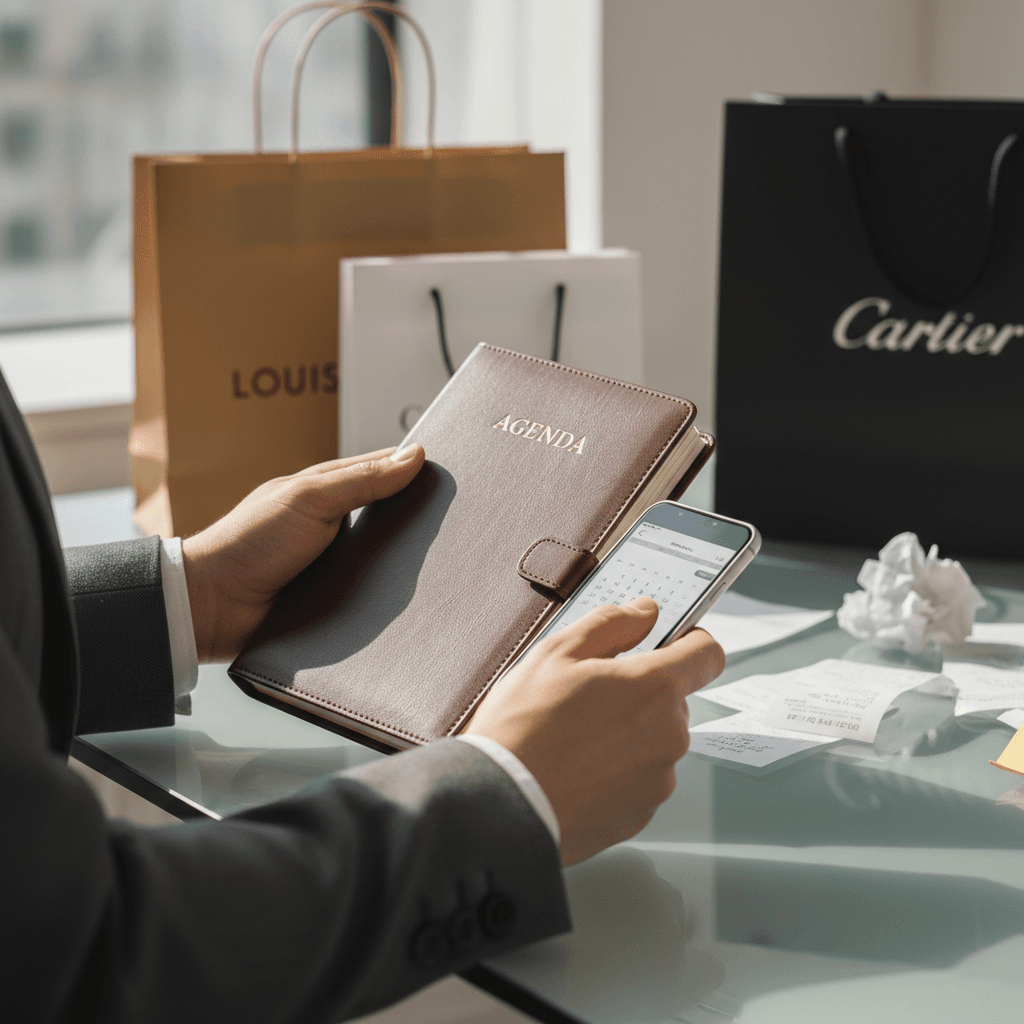 Professional concierge assistant with a notepad in a modern Toronto apartment lobby